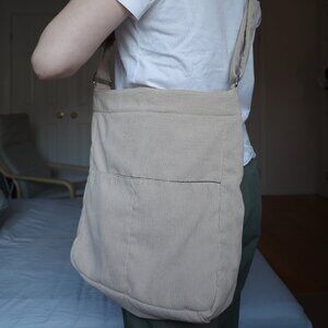 Corduroy Zippered Shoulder Tote Bag (Biege) - LIKE NEW